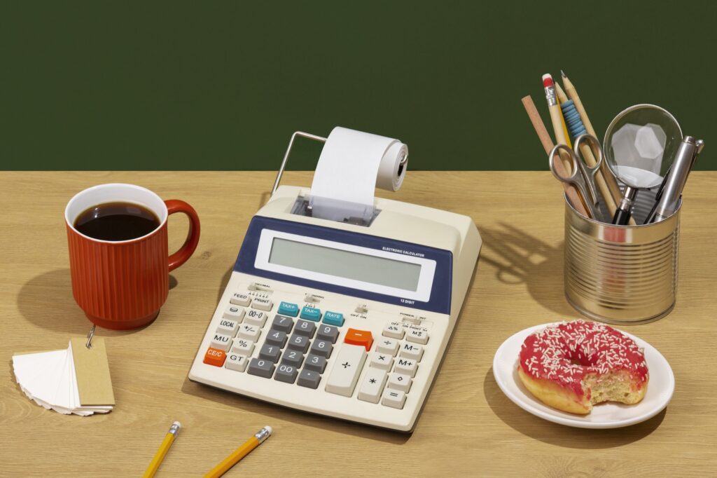 messy office desk still life